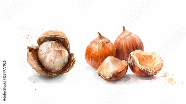 Obraz Watercolor Illustration of Hazelnuts with Shell – Whole and Cracked Hazelnuts on White Background