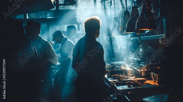 Fototapeta Chefs working in a busy kitchen with dramatic lighting