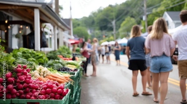 Obraz Lively outdoor farmers market showcasing colorful fresh vegetables and herbs with happy shoppers on a sunny day