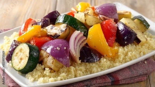 Obraz Colorful grilled vegetable and couscous platter on rustic wooden table with vibrant sunlight creating a warm, inviting atmosphere and fresh wholesome appeal