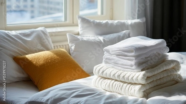 Obraz Cozy minimalist bedroom with linen bedding and natural light streaming through a window