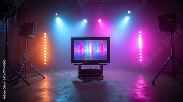 Fototapeta Colorful lighting setup in a photo studio with a screen displaying vibrant patterns