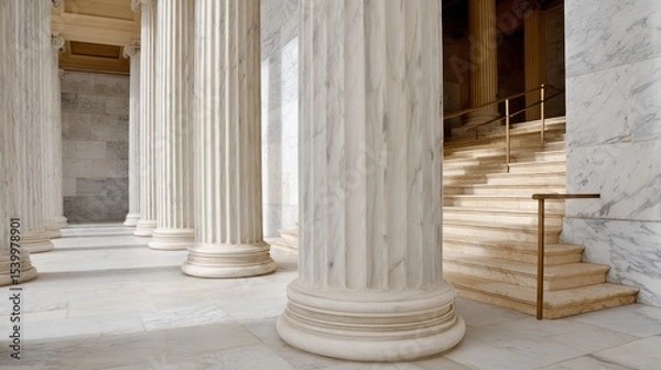 Obraz Elegant row of marble columns and grand staircase bathed in warm golden sunlight, showcasing timeless classical architecture with intricate textures and a serene atmosphere, space for text