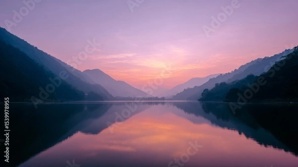 Obraz Serene mountain landscape at dawn with vibrant pink and orange sky reflecting on tranquil lake, silhouetted peaks, soft cloud filters, peaceful outdoor setting, copy space on right
