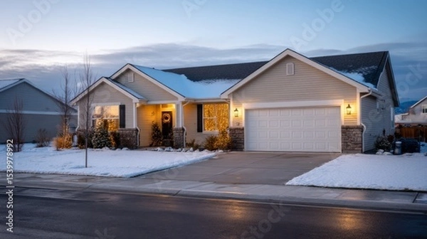 Obraz Charming suburban home exterior decorated with warm string lights and festive wreaths amid light snow, cozy holiday ambiance during evening hours with inviting copy space