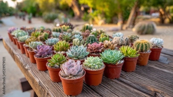 Obraz Vibrant succulent and cactus variety display in terracotta pots on rustic wooden table in sunlit outdoor desert setting with lush green background