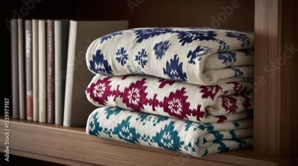 Obraz Colorful woven blankets with intricate tribal patterns stacked on wooden shelf in bohemianstyle shop with earthy tones and cozy textures