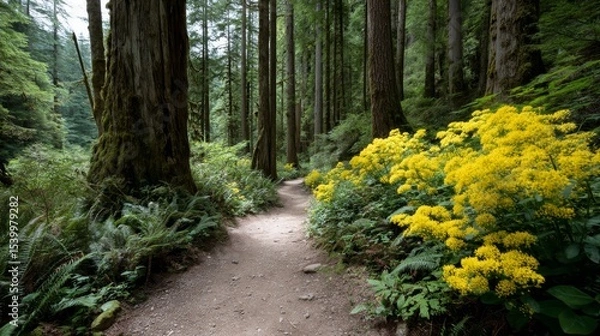 Obraz Serene forest trail with vibrant wildflowers and tall ancient trees sunlight filtering through canopy