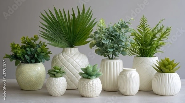 Obraz Stylish indoor plant arrangement with green foliage in modern white vases on light wood surface against soft gray wall