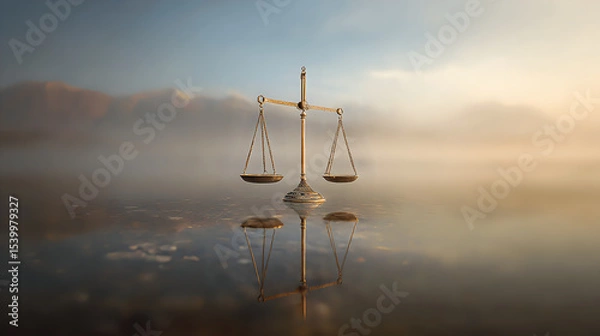 Fototapeta Scales of justice balanced on a reflective surface