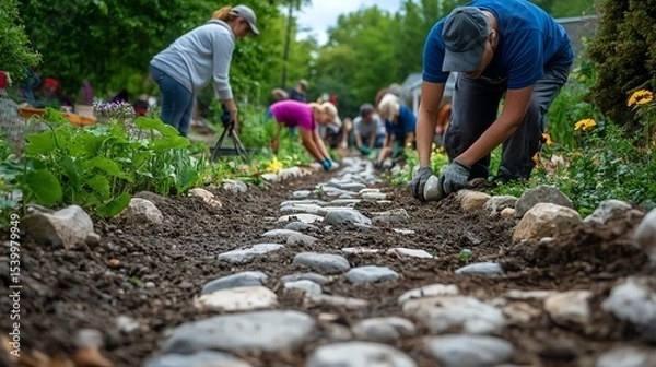 Obraz Community gardening with people working on a stone path among plants.
