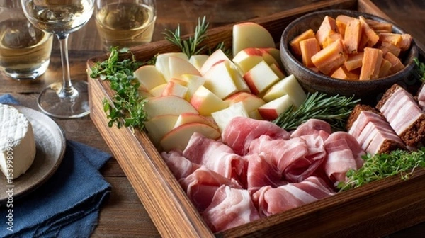Obraz Wholesome picnic spread with sliced apples, carrots, protein bars, fresh herbs, and rustic wooden tray on a wooden table, inviting for outdoor dining