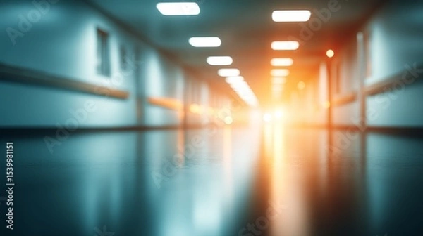 Obraz Modern, serene hospital corridor with white walls, warm glowing lights, and a calming ambiance, captured from eye level with a softly blurred background and copy space on the left