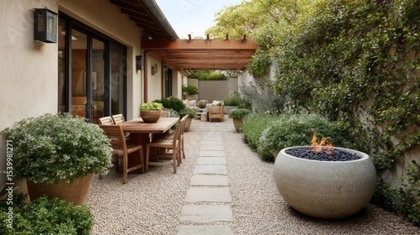 Obraz Cozy outdoor deck with wooden pergola, modern fire pit, lush greenery, and inviting dining set creating a perfect relaxing ambiance in a stylish backyard