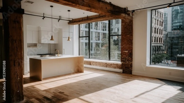 Obraz Spacious modern loft with exposed wooden beams, large floortoceiling windows flooding the bright open space with golden sunlight, showcasing an unfinished renovation vibe and copy space on the left