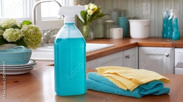 Obraz Clear plastic cleaning solution bottle in bright organized workspace with microfiber cloths and spray nozzles
