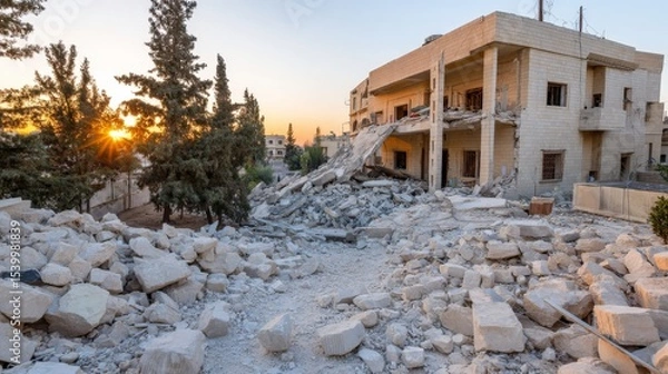 Obraz Collapsed building facade with rubble and warm sunset lighting, evoking resilience and loss in a damaged urban scene with copy space on the left