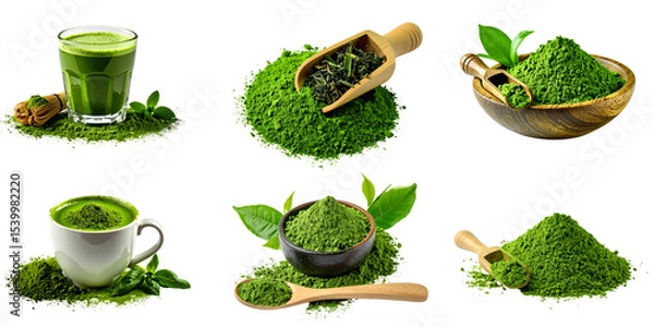 Obraz set of assortment of matcha tea powder and drink.