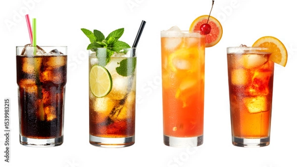 Fototapeta A bundle of transparent PNGs featuring Cuba Libre, Long Island, Mojito, Paloma, Tequila Sunrise, and Screwdriver cocktails, all on an isolated background.
