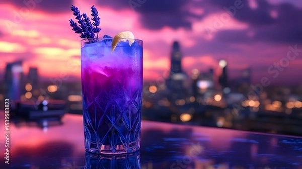 Fototapeta Twilight Cocktail with Lavender and Lemon on Rooftop Bar