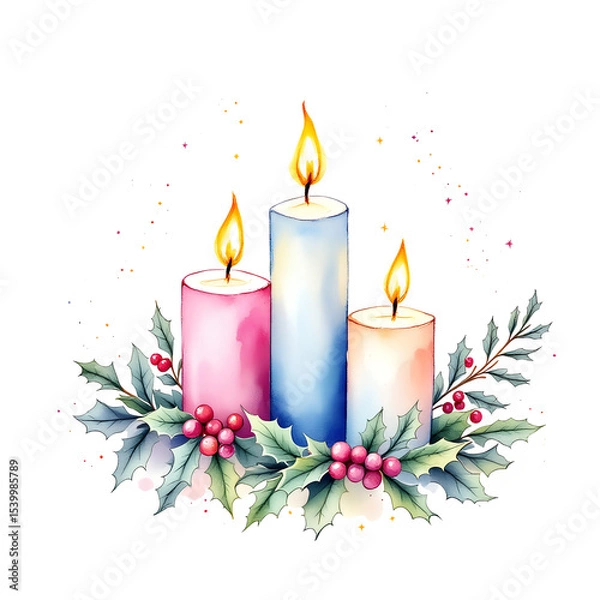 Fototapeta Watercolor illustration of lit christmas candles surrounded by holly and berries  PNG file isolated on transparent background cut out, clipping path, social media.
