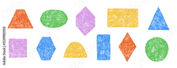 Fototapeta Crayon hand drawn colorful geometric shapes set. Pencil or charcoal texture. Circle, square, triangle and rectangle. Vector texture illustration
