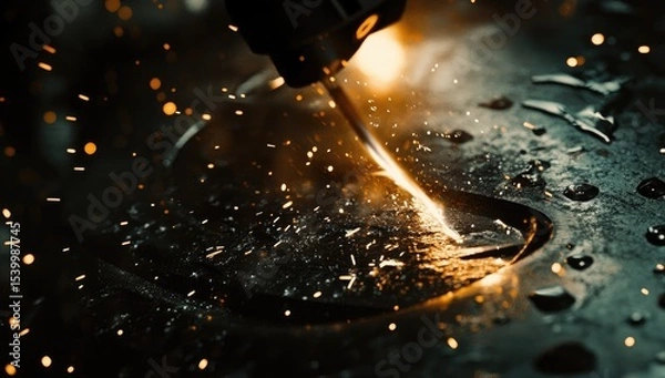 Fototapeta Close-up of a cutting tool burning through metal, sparks flying
