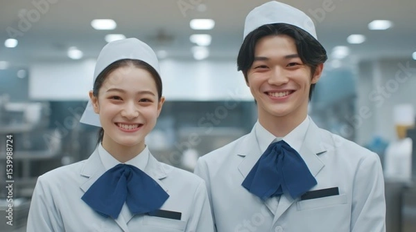 Fototapeta Two young friendly employees wearing business uniforms and smiling happily while posing together in a modern office environment