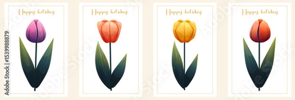 Fototapeta Frames with tulips for spring summer cards, invitations, packaging, posters and design templates. Simple floral borders and round compositions for love themes.