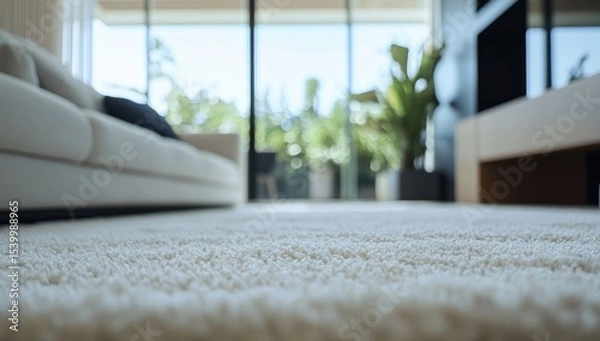 Fototapeta Cream carpet in modern living room.  Blurred view of sofa, patio
