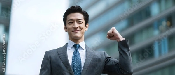 Fototapeta A well dressed professional businessman stands confidently in front of a modern office building gesturing with enthusiasm and a sense of accomplishment