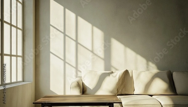 Fototapeta Sunlight streams into a minimalist room, casting shadows on a cream-colored sofa and wall. A wooden coffee table sits in front of the sofa