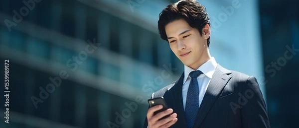 Fototapeta Portrait of a young serious looking businessman standing in a modern office building intently focused on his smartphone while communicating or accessing information