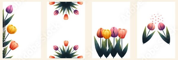 Fototapeta Frames with tulips for spring summer cards, invitations, packaging, posters and design templates. Simple floral borders and round compositions for love themes.