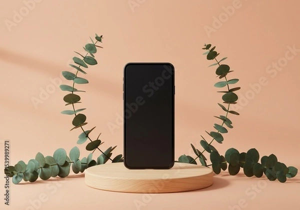 Fototapeta Smartphone on Wooden Pedestal with Eucalyptus Branches Against Peach Background