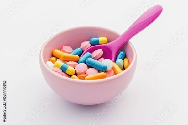 Fototapeta Assorted pills in a pink bowl with a pink spoon
