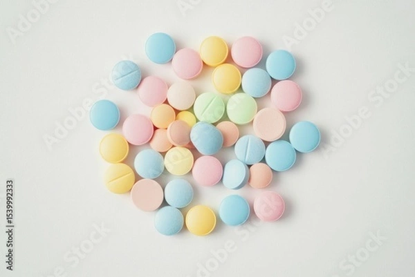 Fototapeta Colorful pastel-colored pills clustered on a white surface.  Small, round, and various pastel hues, including light pink, light blue, yellow, and light orange, 