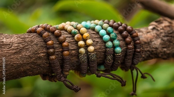 Fototapeta Handcrafted natural bead bracelets hanging on rustic tree branch display in organic bohemian style