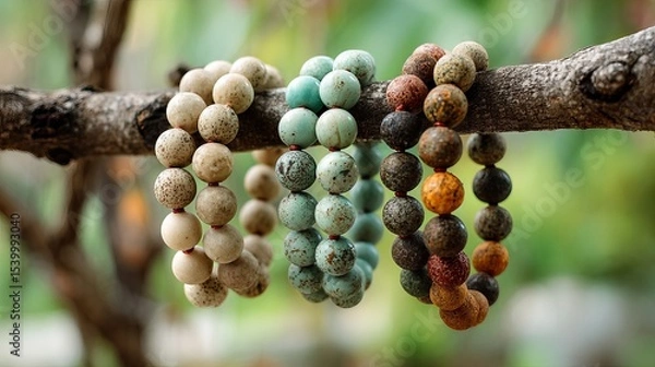 Fototapeta Handcrafted natural bead bracelets hanging on rustic tree branch display in organic bohemian style