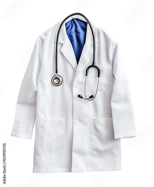 Fototapeta A pristine white lab coat with a stethoscope, symbolizing health and medical professionalism. Isolated on transparent white background, png	
