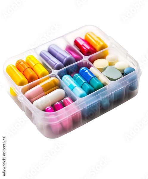 Fototapeta Colorful assortment of various pills and capsules arranged in a transparent organizer. Isolated on transparent white background, png	
