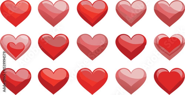 Fototapeta Vector Stylized Hearts in Glossy Red and Pink Tones Arranged in a Grid on White Background
