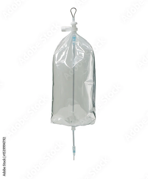Fototapeta IV fluid bag hanging, used for delivering medication and hydration in medical settings. Isolated on transparent white background, png	

