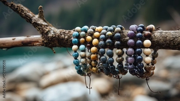 Fototapeta Handcrafted natural bead bracelets hanging on rustic tree branch display in organic bohemian style