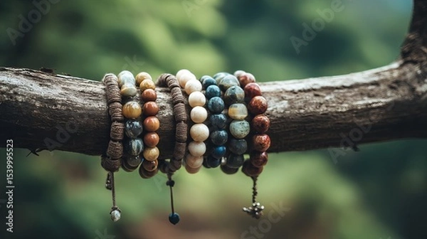 Fototapeta Handcrafted natural bead bracelets hanging on rustic tree branch display in organic bohemian style