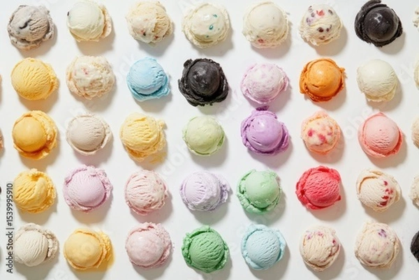 Fototapeta Ice cream scoops of various colors and flavors arranged in a grid pattern on a white surface