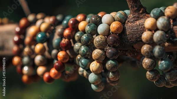 Fototapeta Handcrafted natural bead bracelets hanging on rustic tree branch display in organic bohemian style