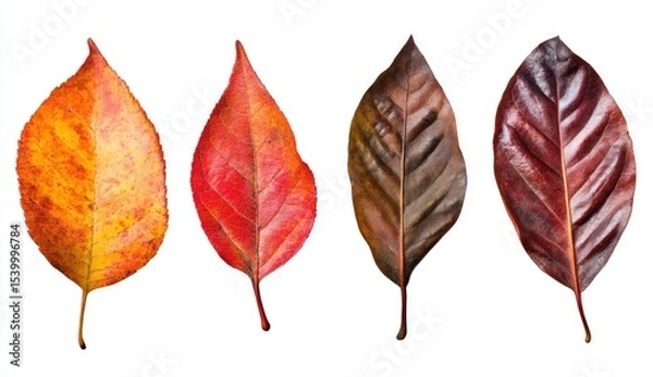 Fototapeta Four autumn leaves, varying in color from vibrant orange-yellow to deep maroon-red, isolated on white