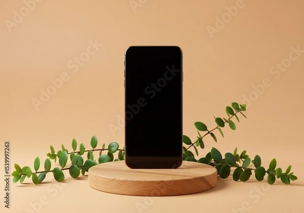 Fototapeta Modern Smartphone Displayed on Wooden Stand with Greenery
