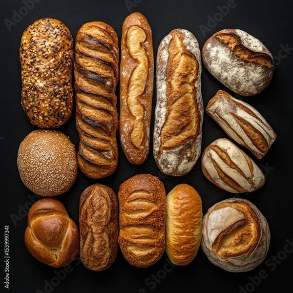 Fototapeta Assorted artisanal breads arranged on a dark background.  Variety of shapes, crusts, and textures.  Includes baguettes, rolls, and loaves.  Food photography